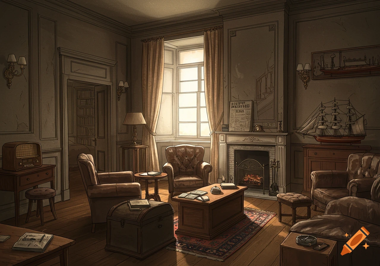 An old-fashioned, dimly lit living room with a fireplace, leather armchairs, a large window, and antique furniture, in an illustrated style.