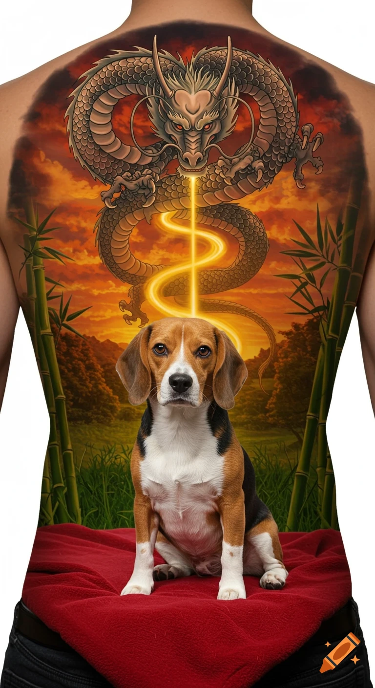 A full-back tattoo design featuring a hyper-realistic beagle on a red blanket and an ethereal dragon, connected by a golden light stream, against a fiery sky and bamboo forest background.