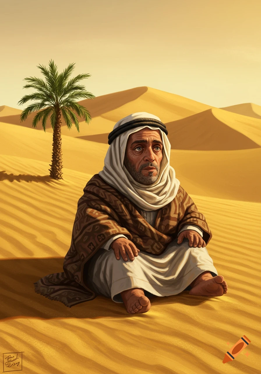A stylized illustration of a Middle Eastern man with dwarfism and crooked eyes, sitting in a desert next to a date palm, looking upwards.