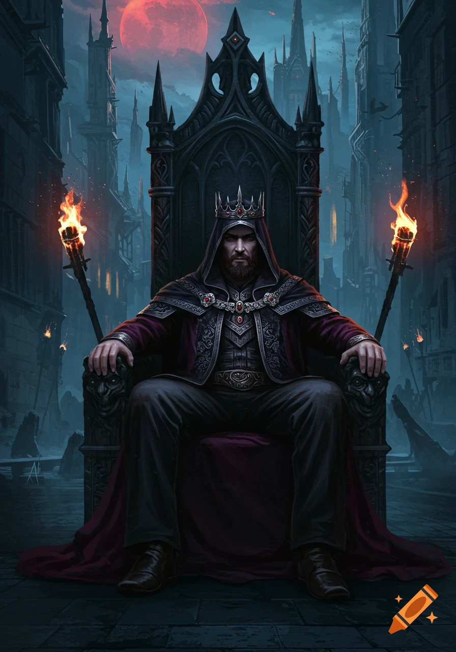 A king with a crown and cloak sits on a dark, ornate throne in a gothic city under a red moon, flanked by torches.