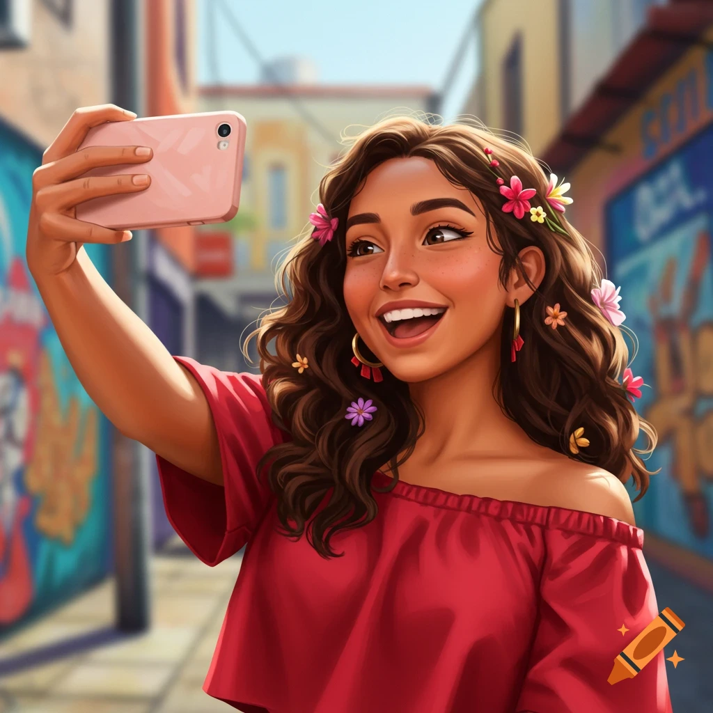 A smiling Hispanic woman with flowers in her curly hair takes a selfie on a colorful urban street in an illustration.