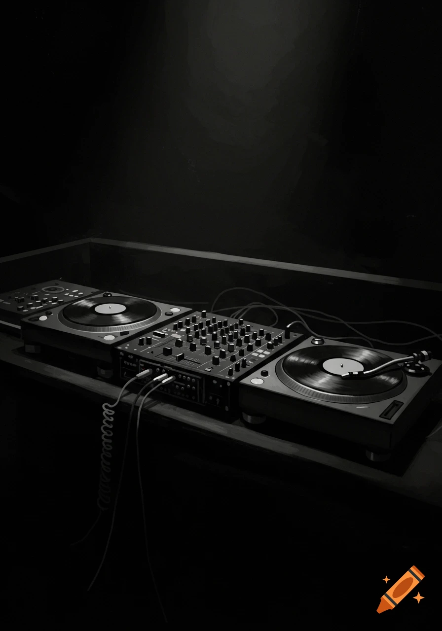 Monochrome image of a DJ mixer and two turntables in a dimly lit club setting.