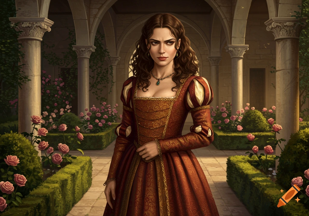A woman in a dark red historical gown stands in a lush garden courtyard with arches and columns, surrounded by pink roses.