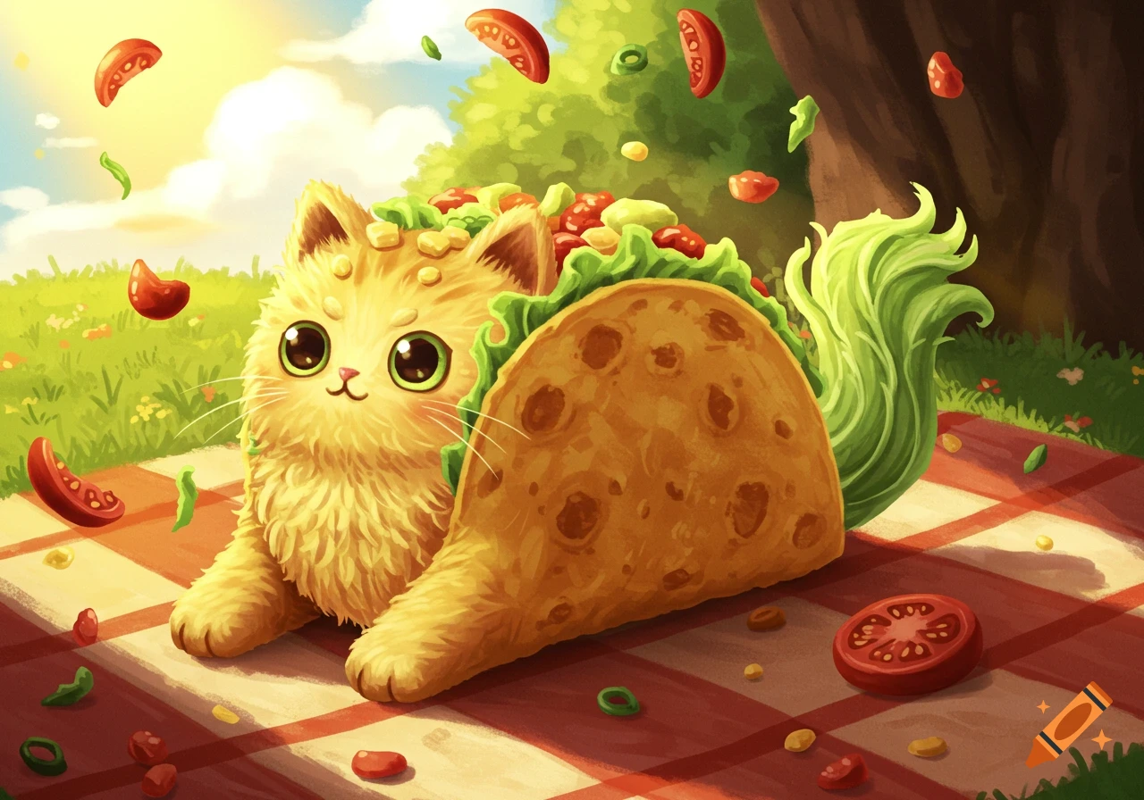 A cute, fluffy orange cat with big eyes emerges from a taco shell, surrounded by falling lettuce and tomato slices on a red and white picnic blanket outdoors.