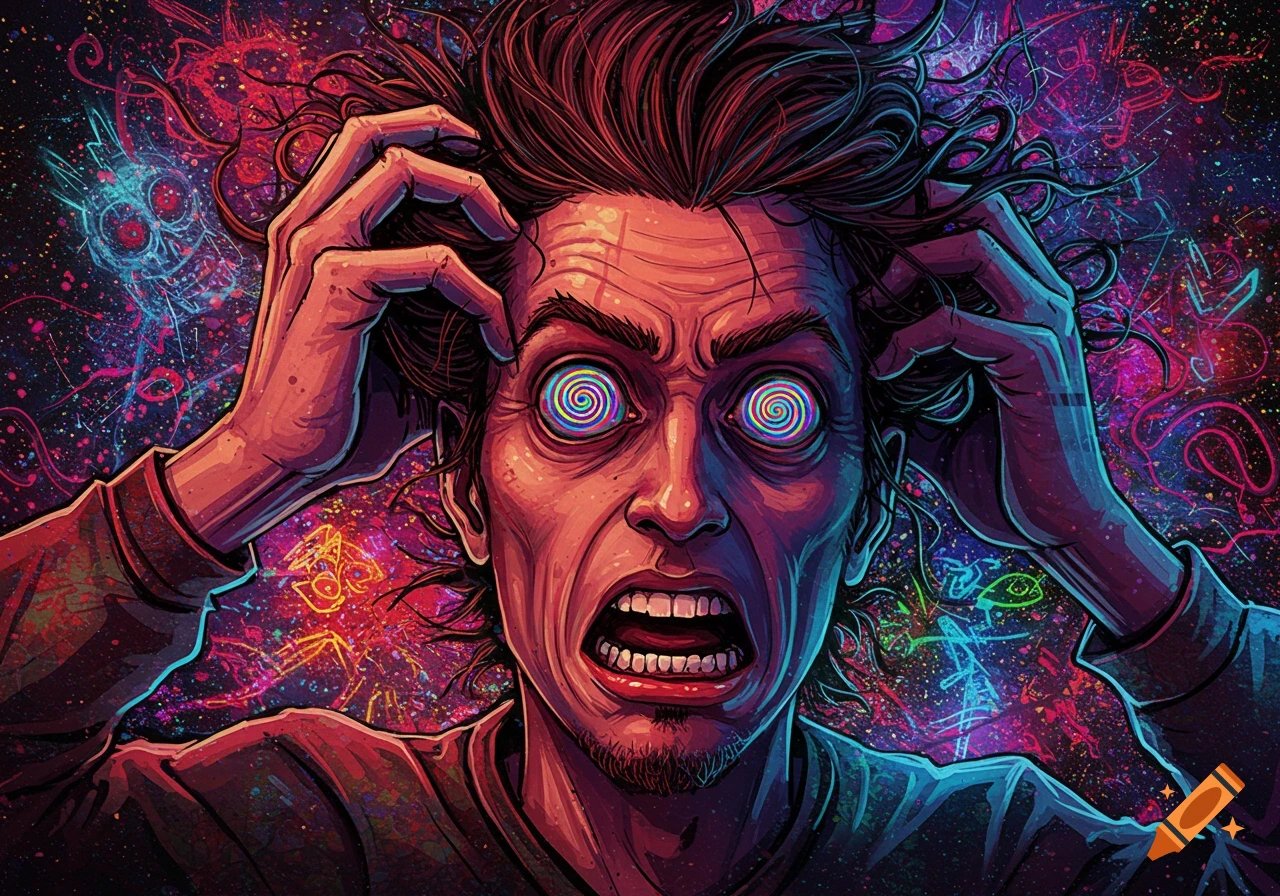 Close-up of a frantic man with spiraling eyes tearing at his hair, surrounded by chaotic bright psychedelic colors in a comic art style.