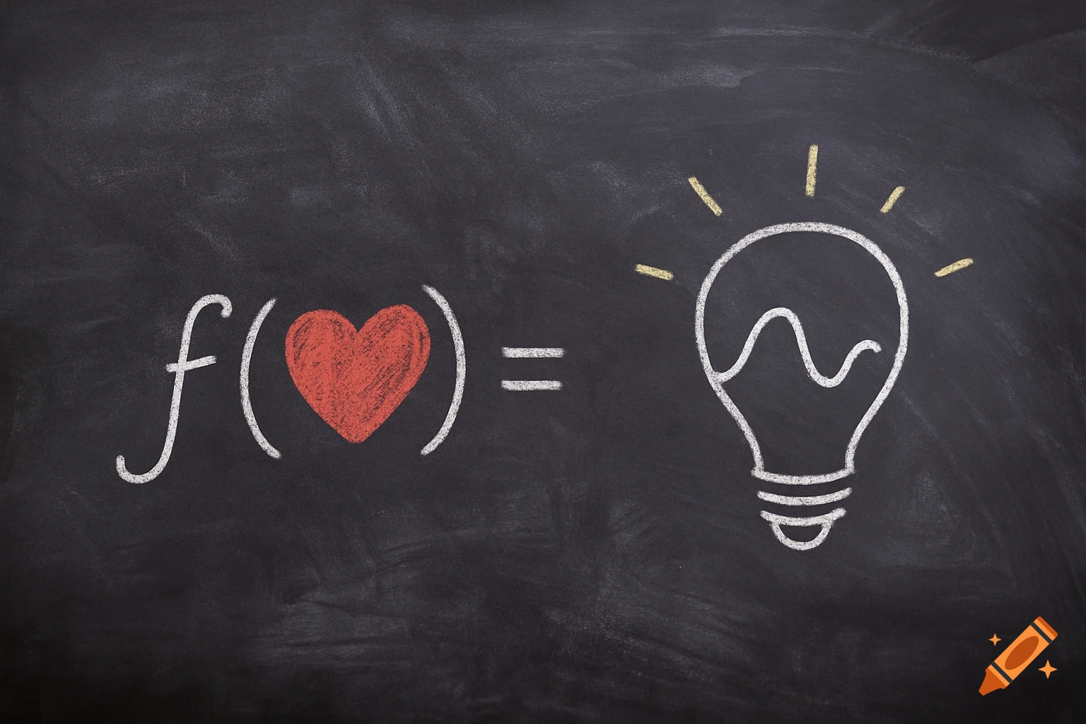 A chalkboard with a mathematical equation drawn in chalk: f(heart) = lightbulb. The heart is red, the other elements are white, with yellow rays above the lightbulb.