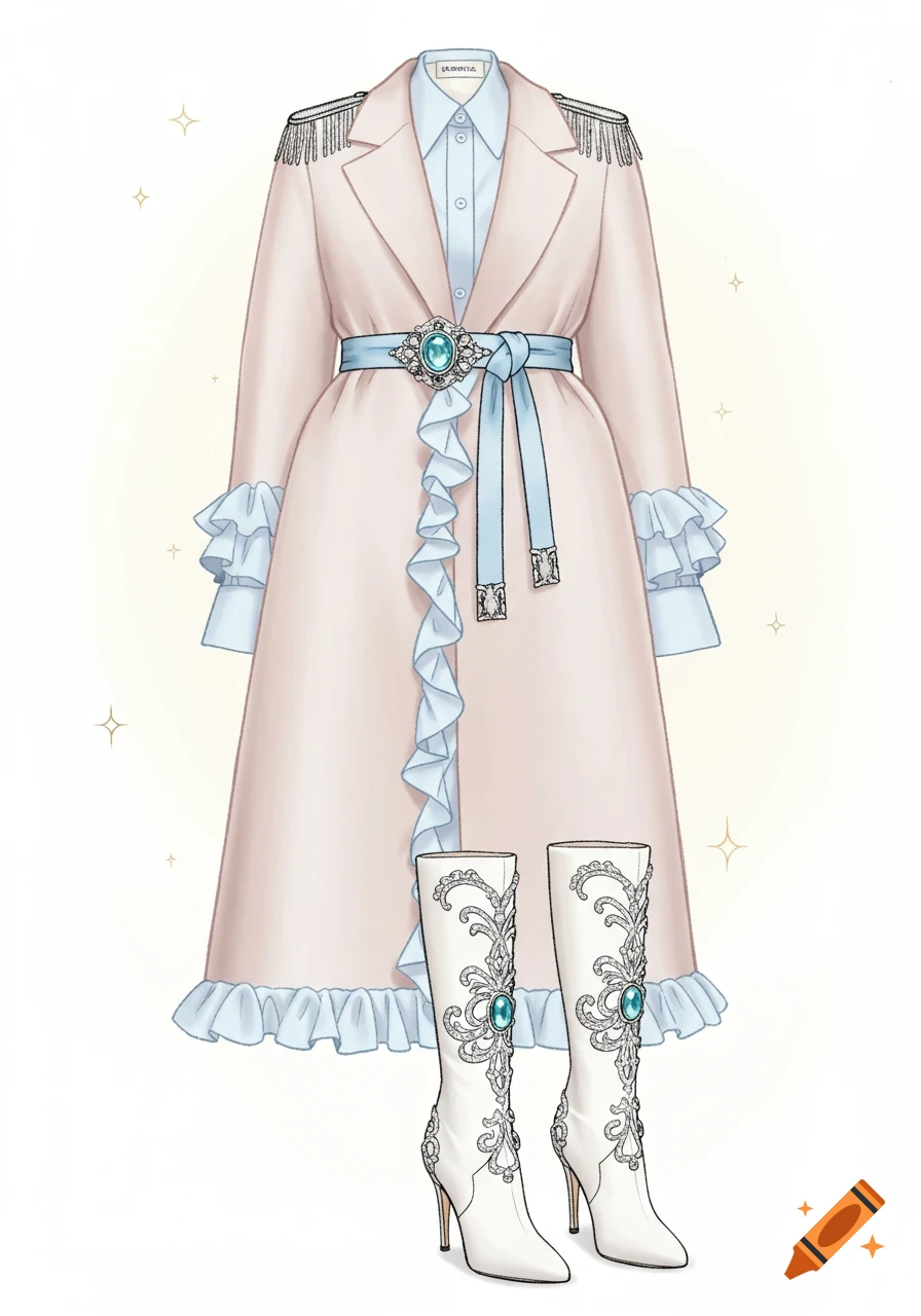 An illustration of a light pink coat with silver epaulettes, a light blue ruffled shirt, and a light blue belt with an aquamarine buckle, paired with white jeweled knee-high boots.