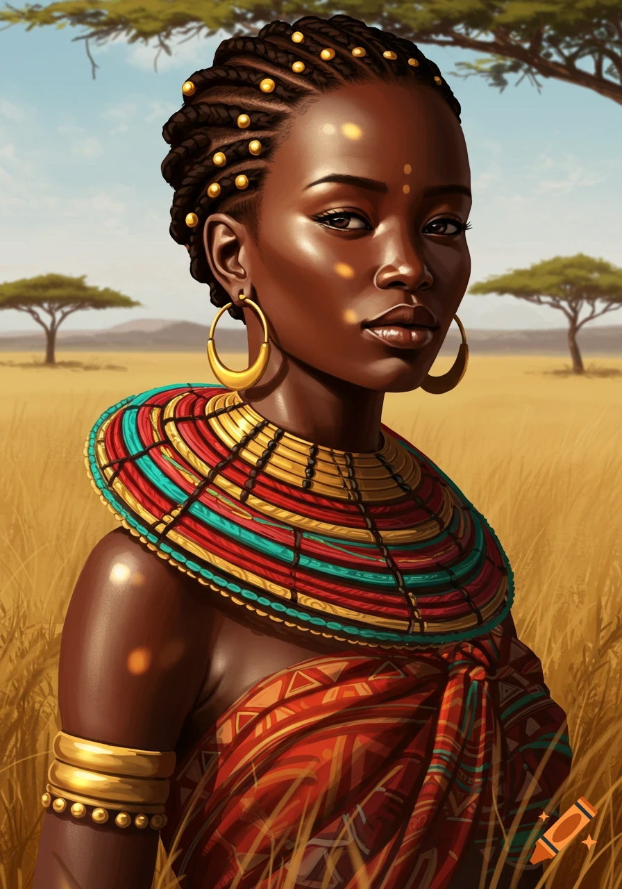 A portrait of an African woman with braided hair and golden beads, wearing traditional colorful neckpiece and wrap, standing in a savanna.