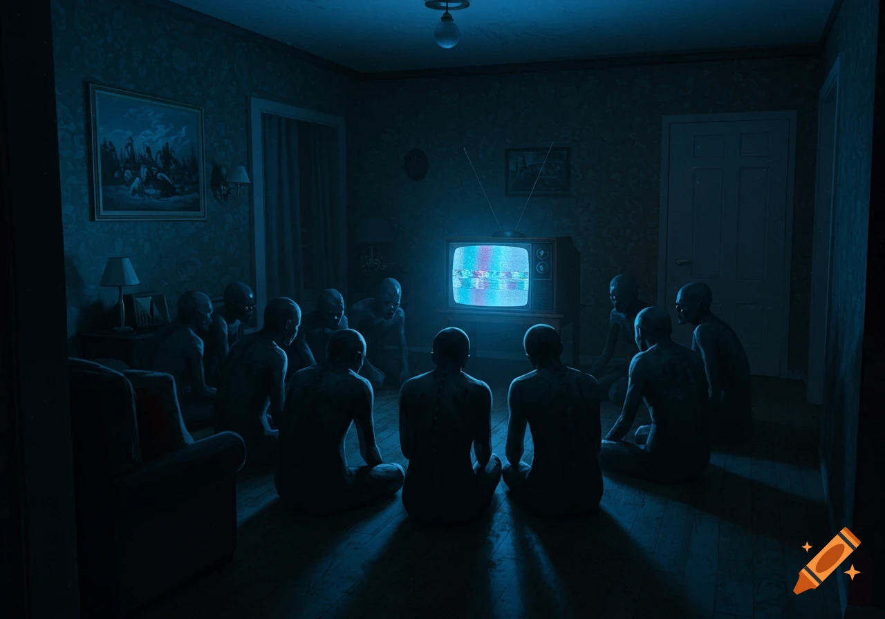 Bald, gaunt figures sit in a dark, blue-lit room, intently watching an old television showing static.