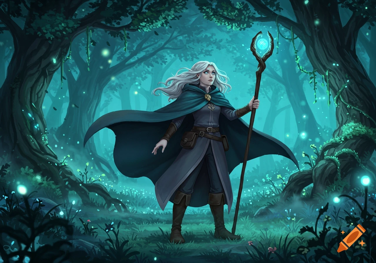 A young female mage with long white hair and a teal cloak stands in a mystical blue-green forest, holding a glowing staff.