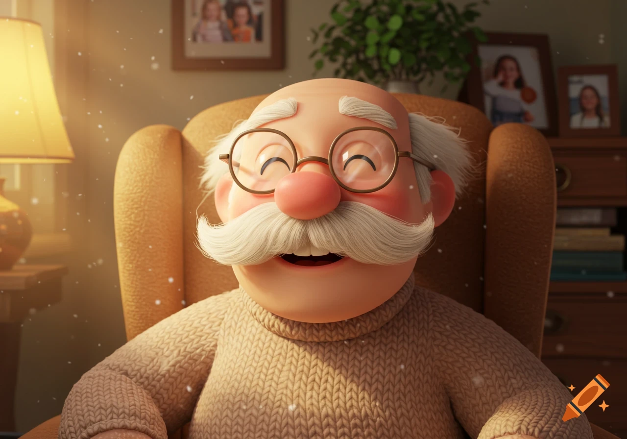 A cheerful cartoon grandpa with a white mustache and glasses, wearing a knitted sweater, sitting in a cozy armchair.