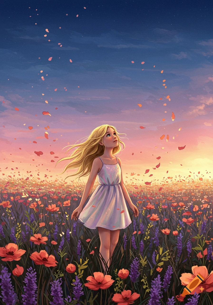 A blonde girl in a white dress stands in a vibrant field of red poppies and purple lavender, looking up at a sunset sky with falling flower petals. Stylized digital art.