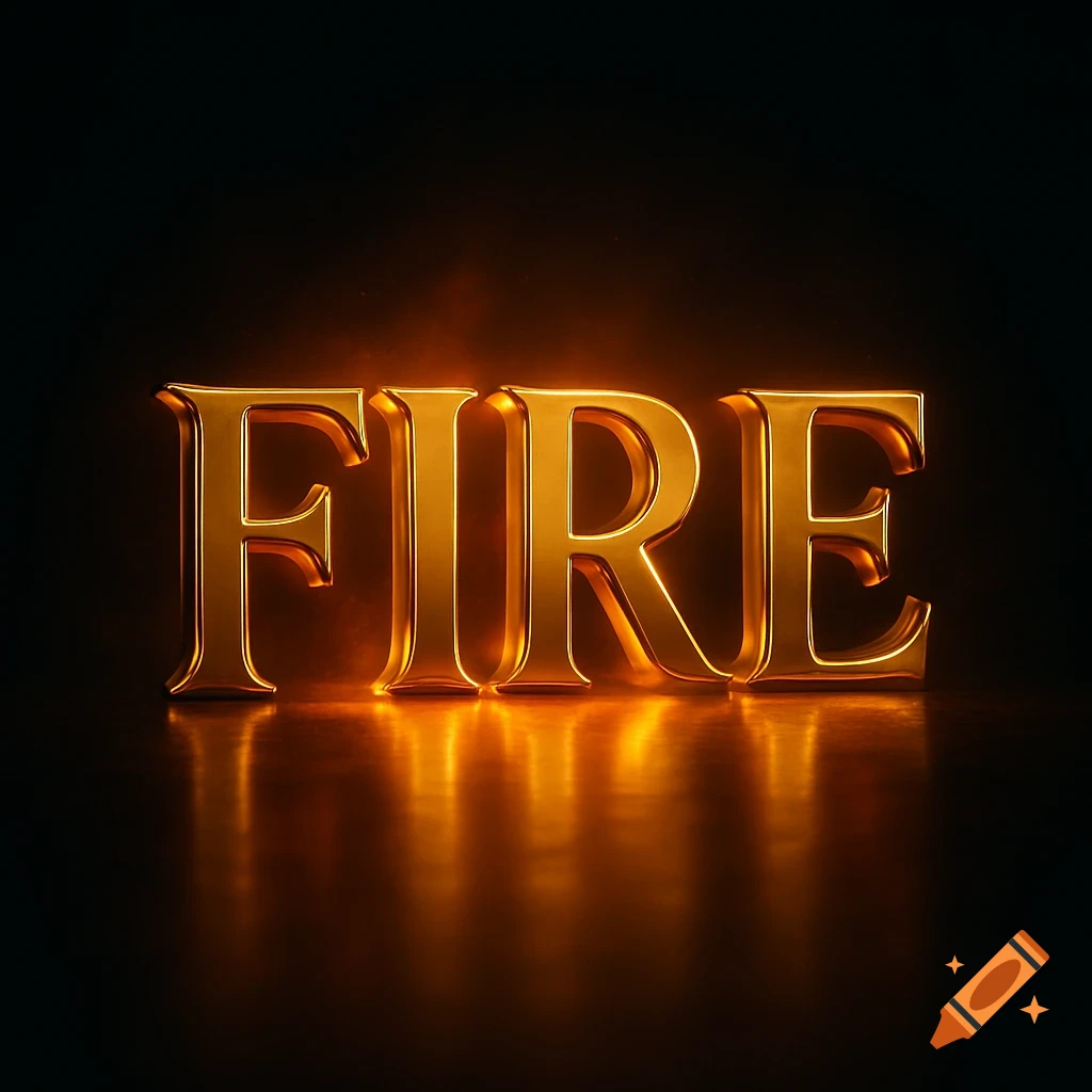 3D gold text spelling 'FIRE' with a glowing orange reflection on a dark surface.