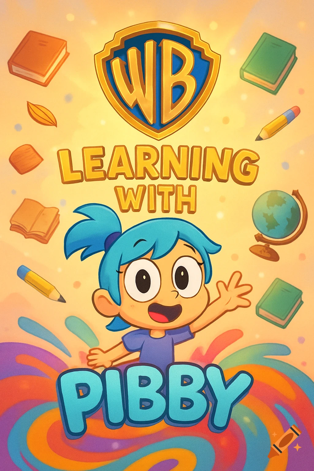 Vibrant cartoon poster for 'Learning With Pibby' featuring the character Pibby, WB logo, books, and a globe.