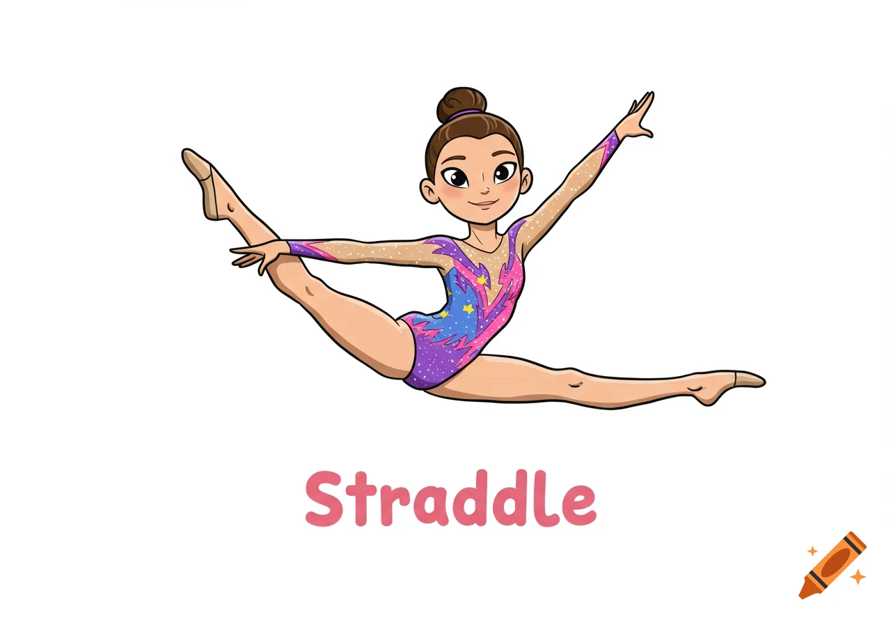 A cartoon illustration of a female gymnast performing a straddle split on a white background, with the word 'Straddle' below.