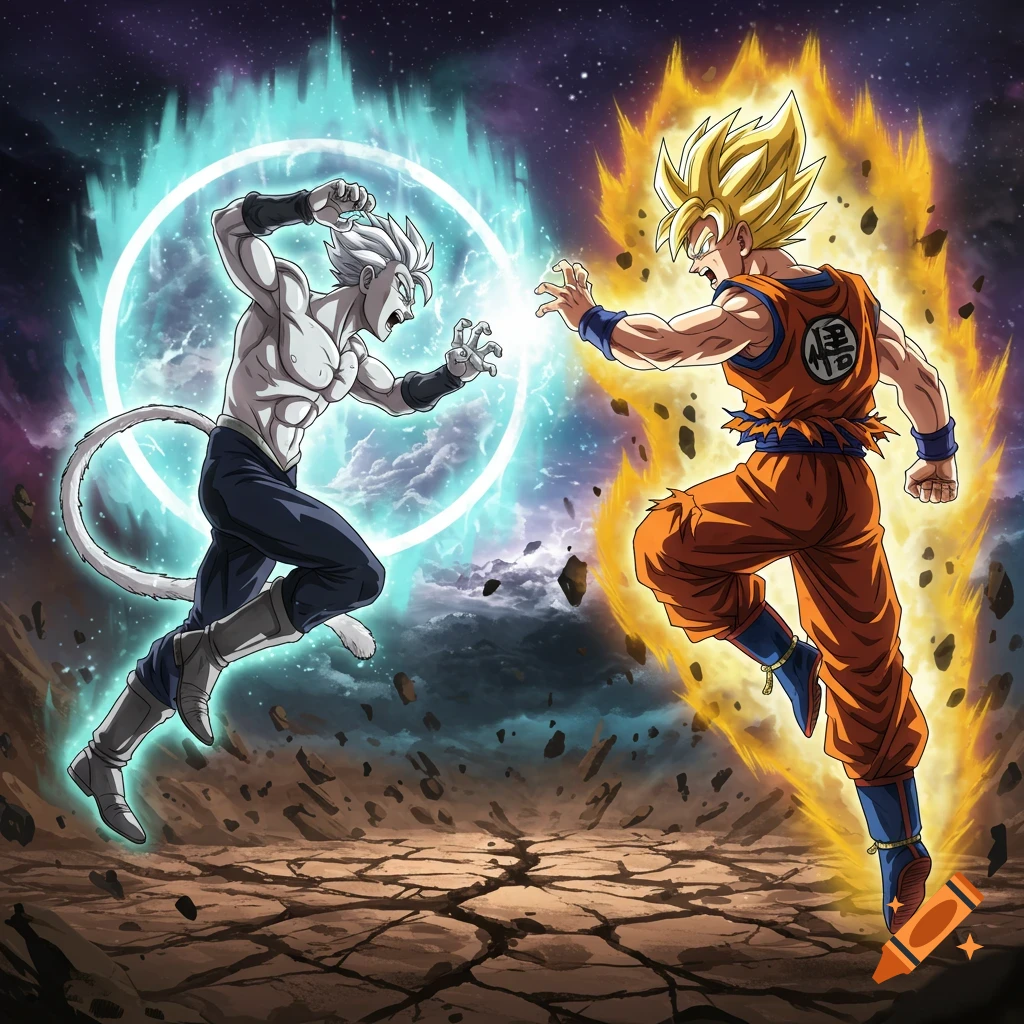 Anime style depiction of a white-haired fighter and Goku in Super Saiyan form battling with energy auras.
