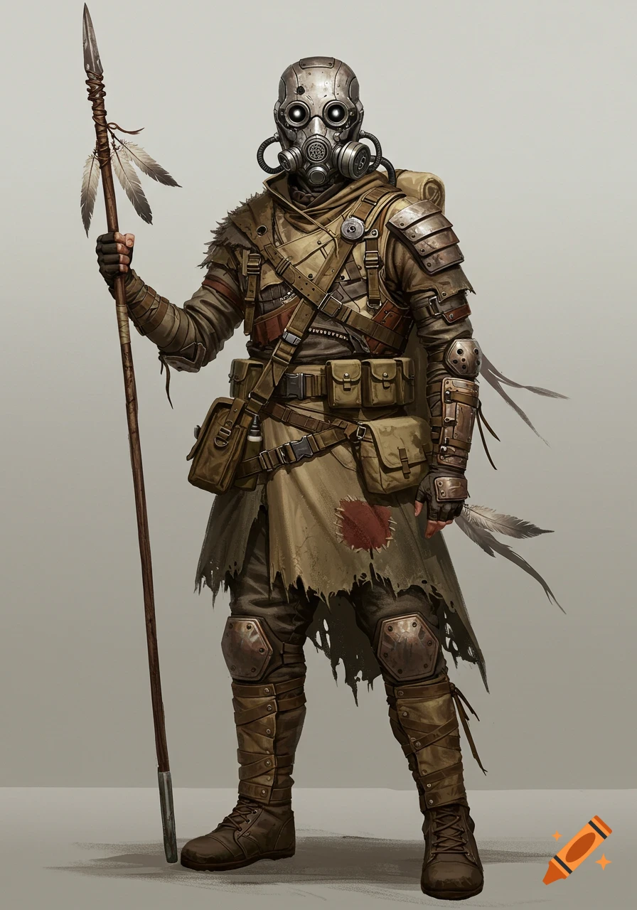 Full portrait of a post-apocalyptic soldier in makeshift armor and a gas mask helmet, holding a feathered spear, concept art.
