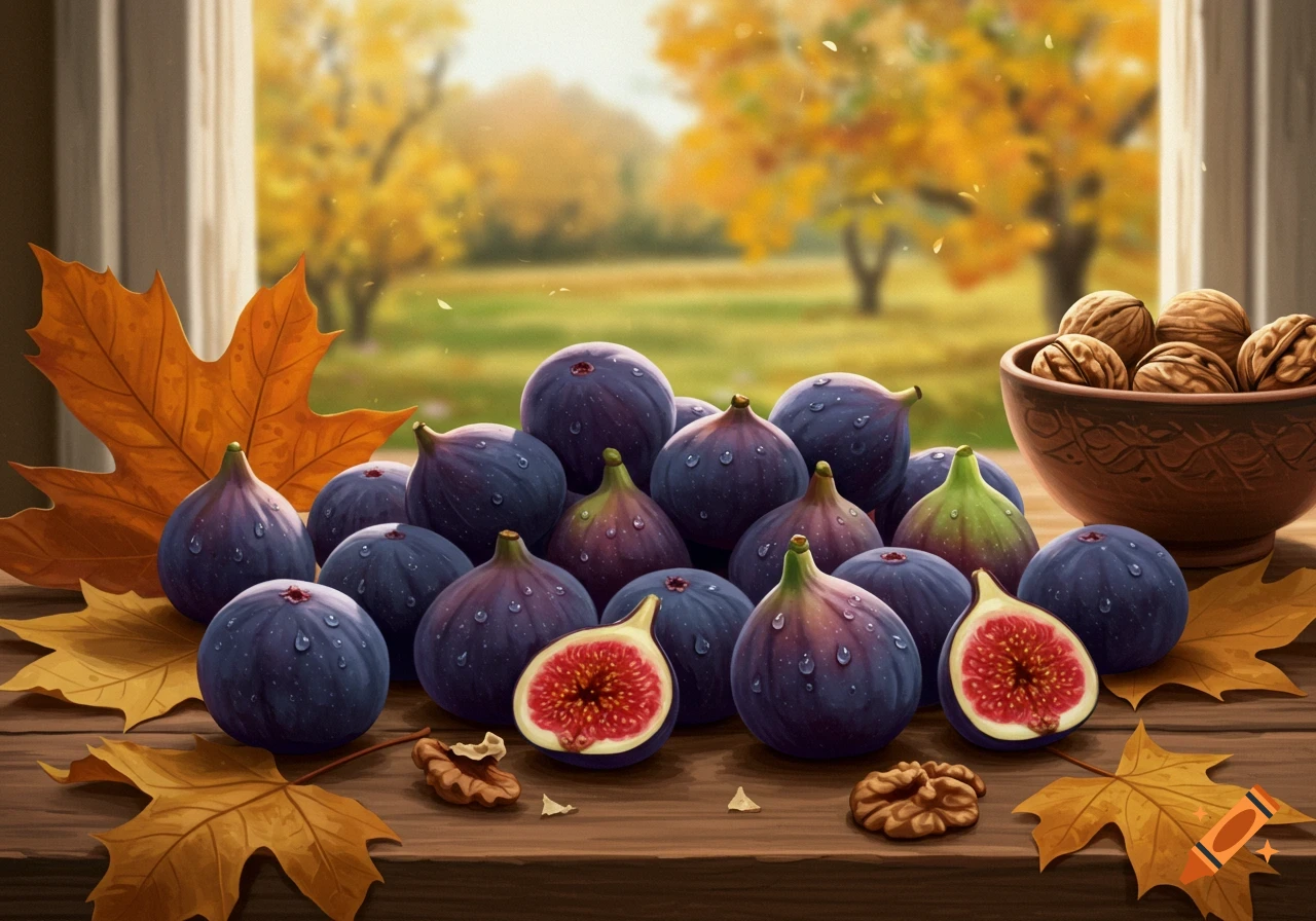 A still life of ripe purple figs, some cut open, with walnuts and autumn leaves on a wooden table, against a blurred autumn landscape.