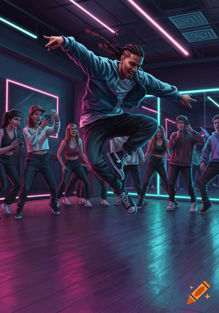 A male hip-hop dancer jumps mid-air in a neon-lit studio while others watch and record him on their phones, in a vibrant digital art style.