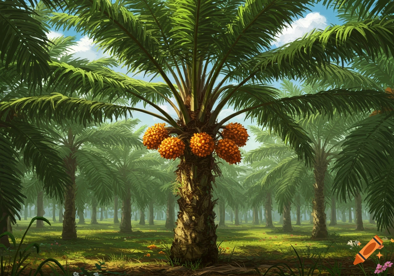 A lush, detailed illustration of a palm oil tree laden with orange fruit clusters, standing in a dense tropical forest under a bright sky.
