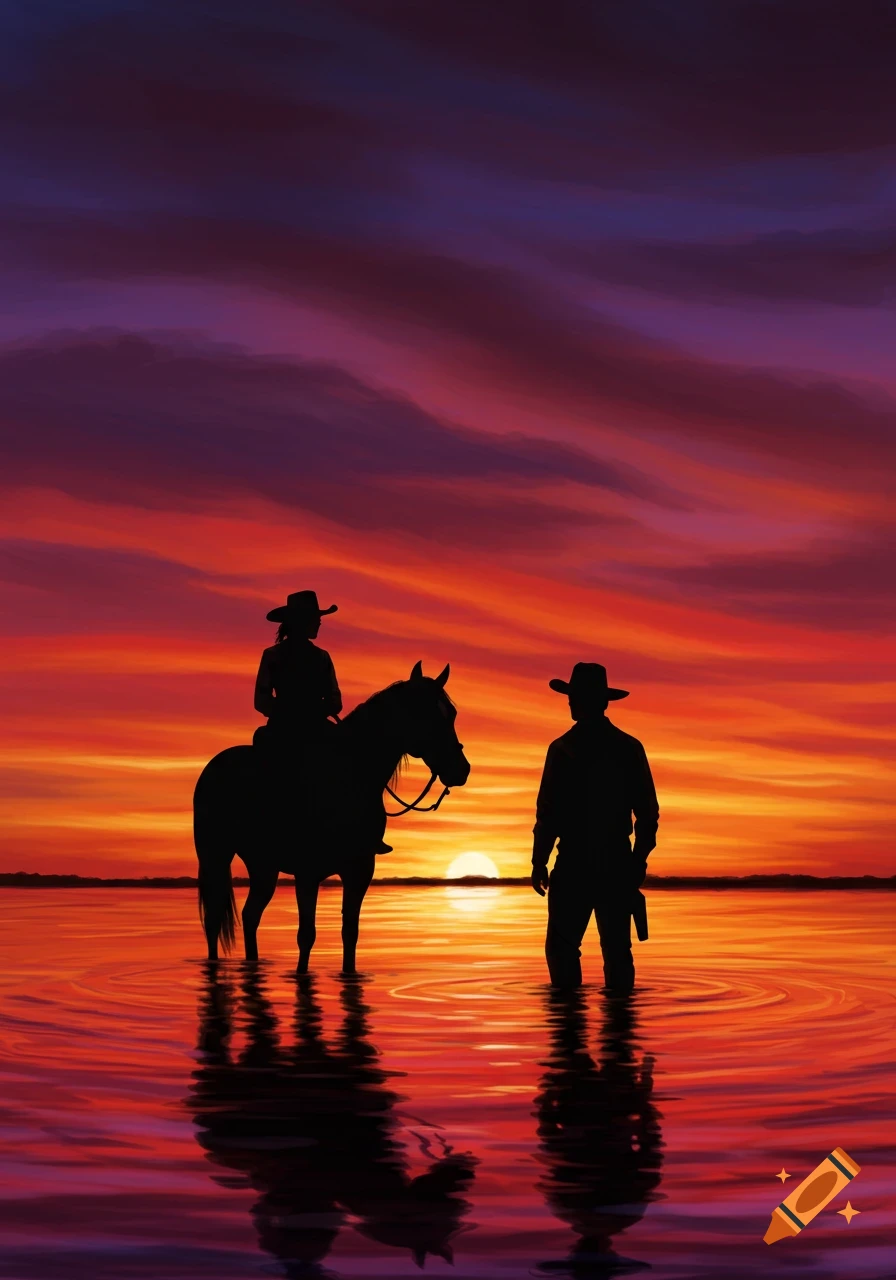 Silhouettes of a woman on a horse and a man standing in shallow water at sunset, with warm red, orange, and purple sky and reflections.