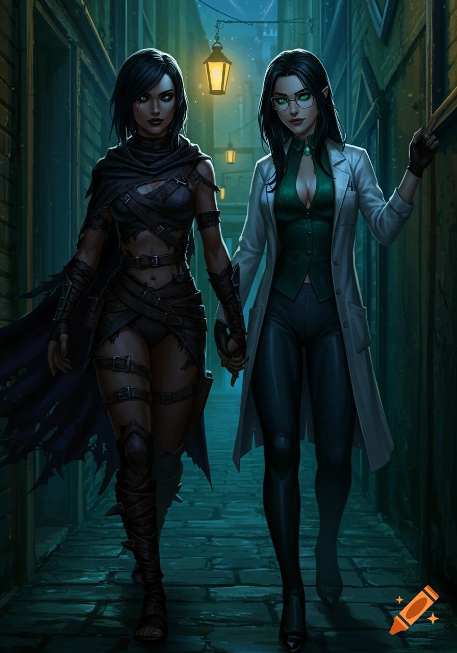 Two women, one in dark ripped clothes and the other in a lab coat and glasses, walk hand-in-hand down a dark alley. Digital art.