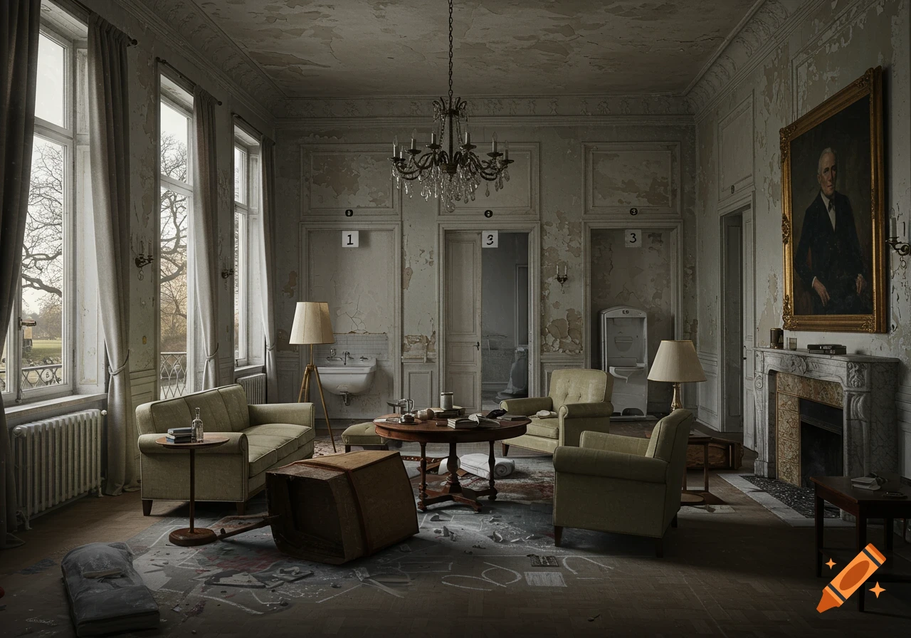 Photorealistic image of a dilapidated, ornate room in an old sanatorium, with peeling paint, antique furniture, and large windows looking out to a park. Numbered doors and an overturned box suggest disarray.
