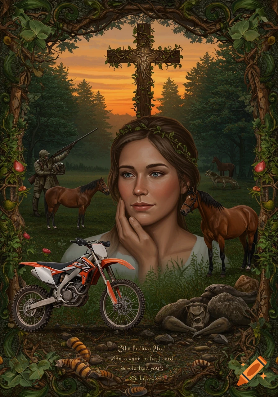 A woman with a wreath of leaves on her head gazes forward in a lush forest with a crucifix, horses, a soldier, a dirt bike, and various creatures, all framed by ornate vines.
