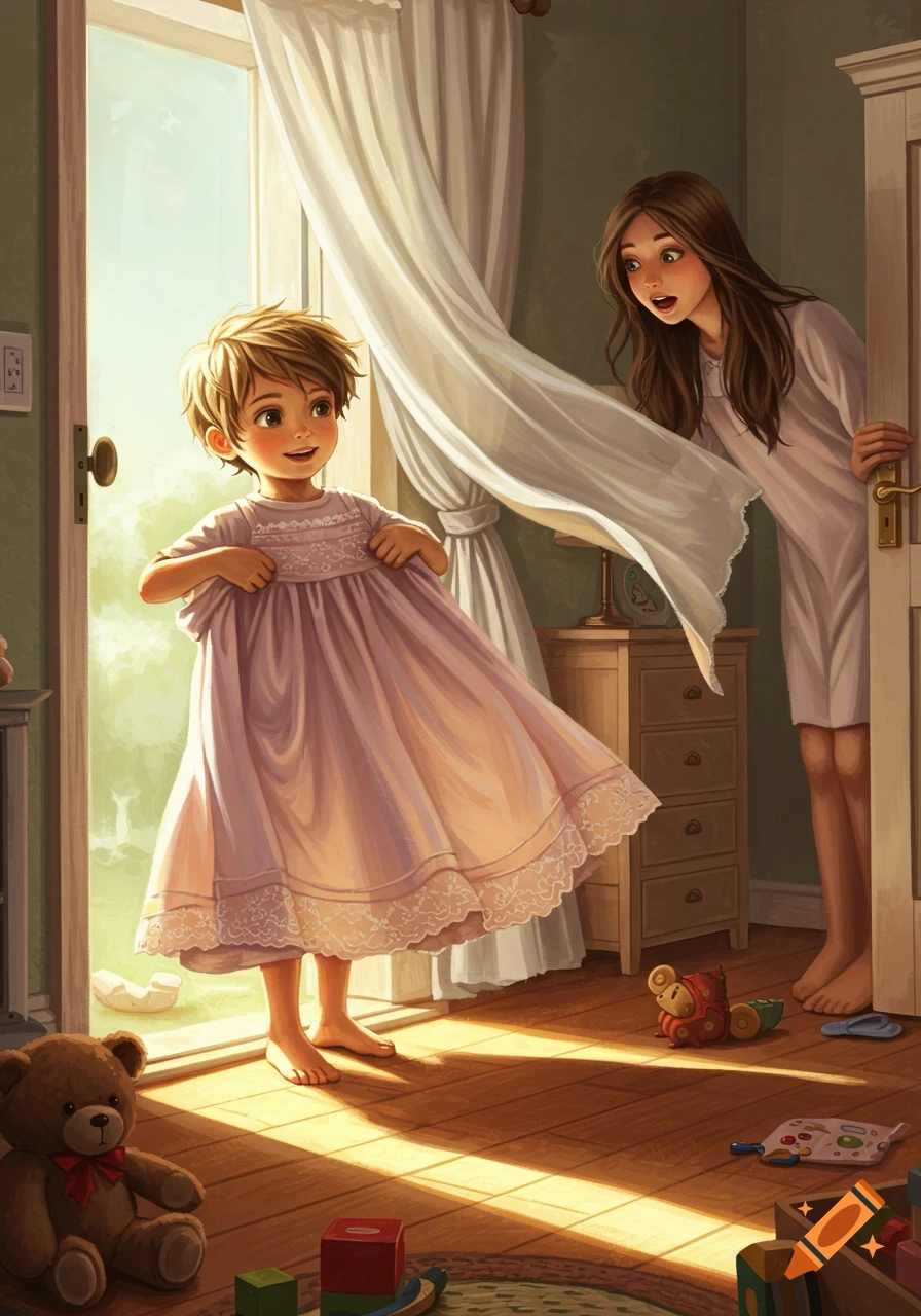 An illustration of a young boy happily trying on a dress in a sunlit bedroom as an older girl peeks in from a doorway with a surprised expression.