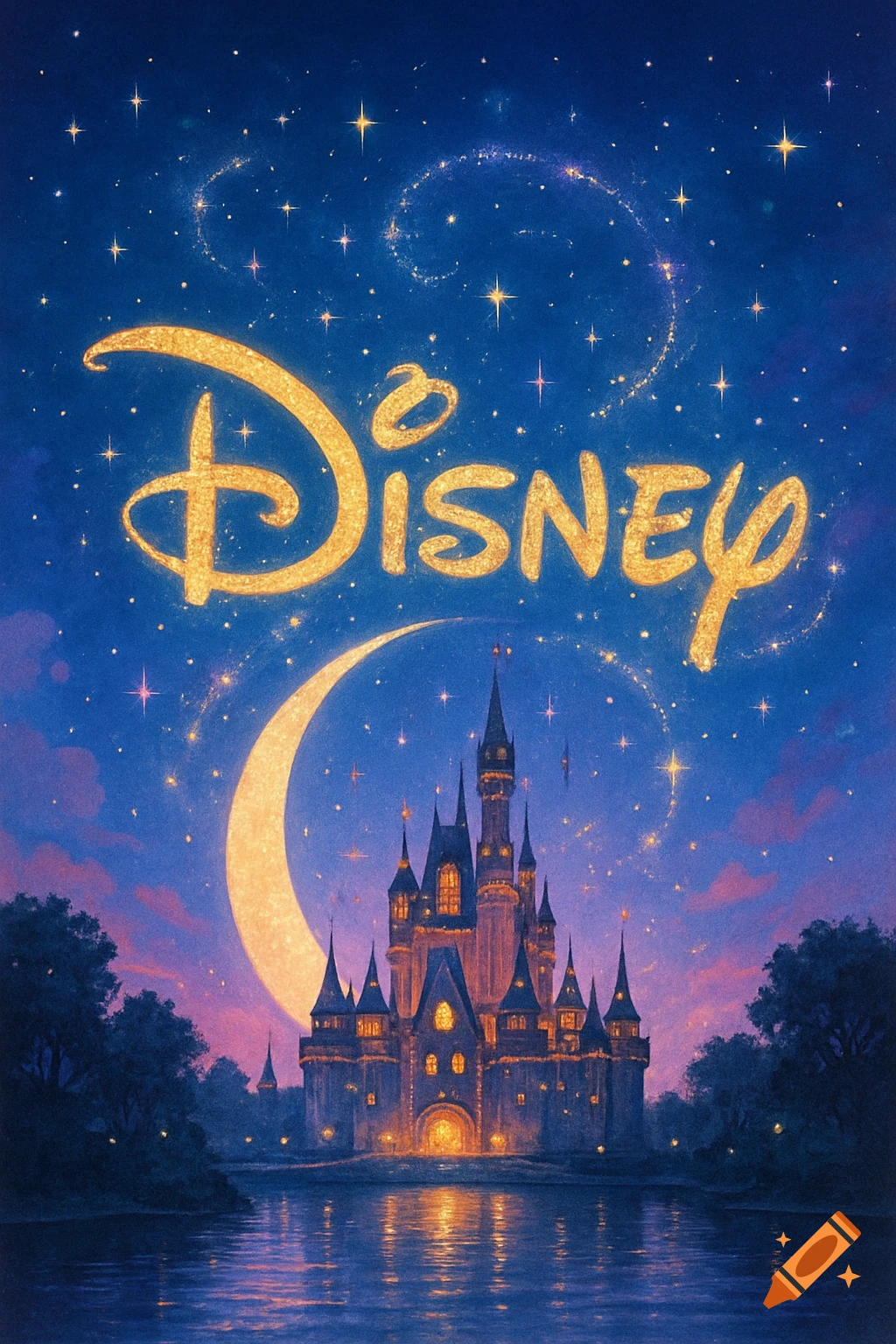 A magical castle silhouetted against a night sky with a crescent moon, sparkling stars, and a glittery 'Disney' logo.