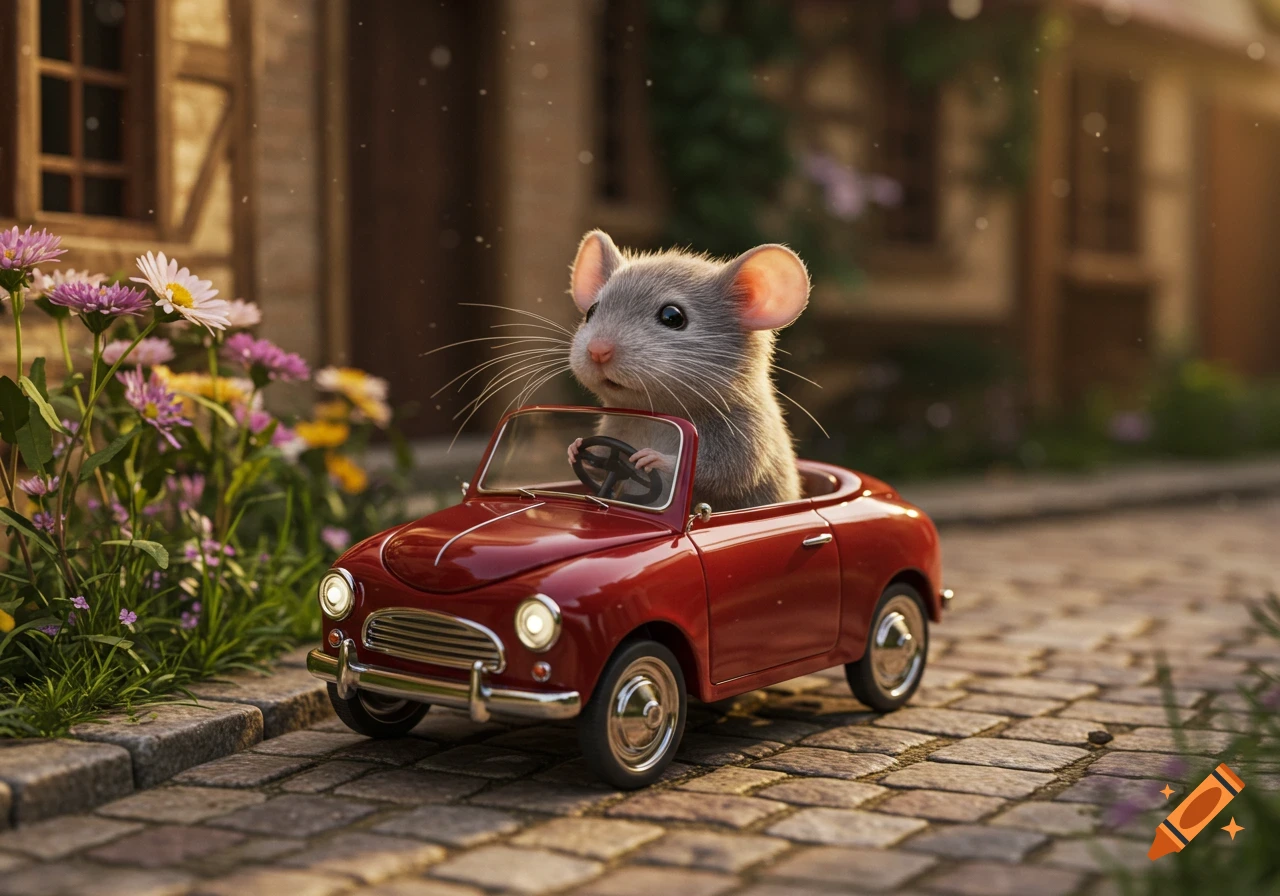 A tiny gray mouse drives a red convertible car on a cobblestone path, with colorful flowers and buildings in the background. Photorealistic style.