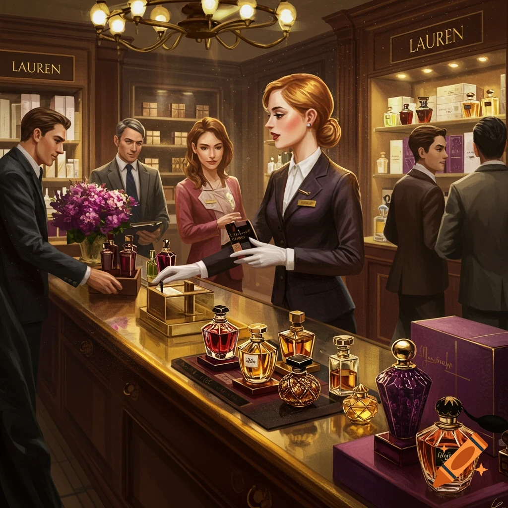 A busy luxury perfume shop with well-dressed customers and a sales associate. Rows of ornate perfume bottles are displayed on a golden counter.