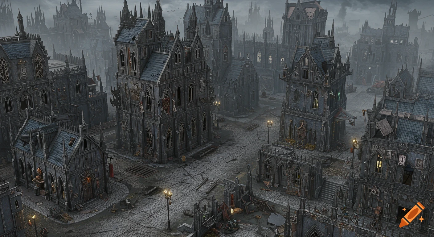 Aerial view of a grimdark Warhammer 40k city with gothic, dilapidated buildings under a cloudy sky.