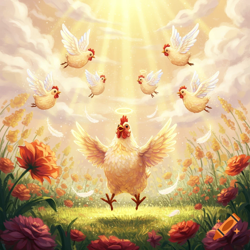 Whimsical illustration of a chicken with a halo and wings in a flower field, looking at flying chicken angels in heavenly light.
