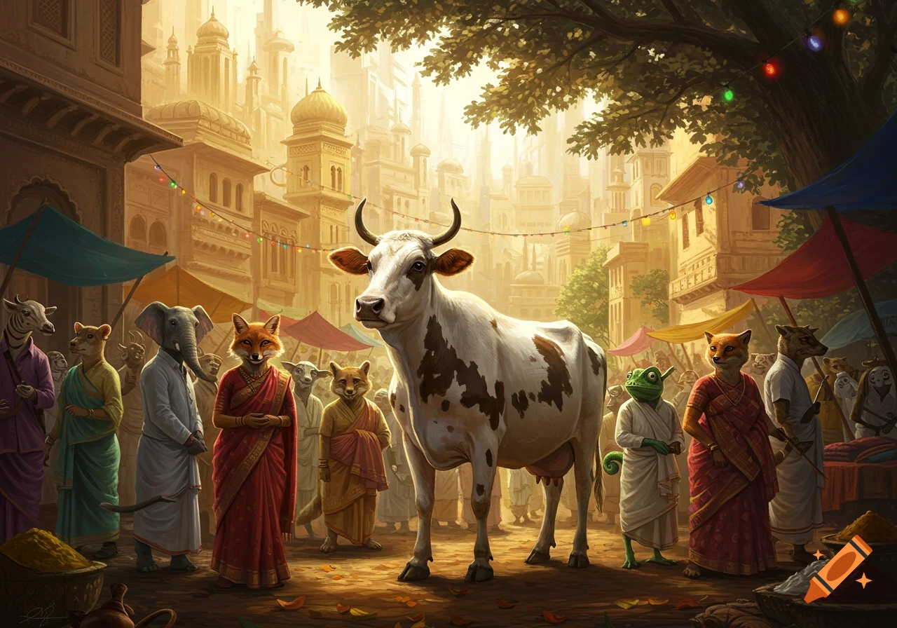A cow and anthropomorphic animals, including foxes and an elephant, stand in a vibrant, detailed Indian market street.