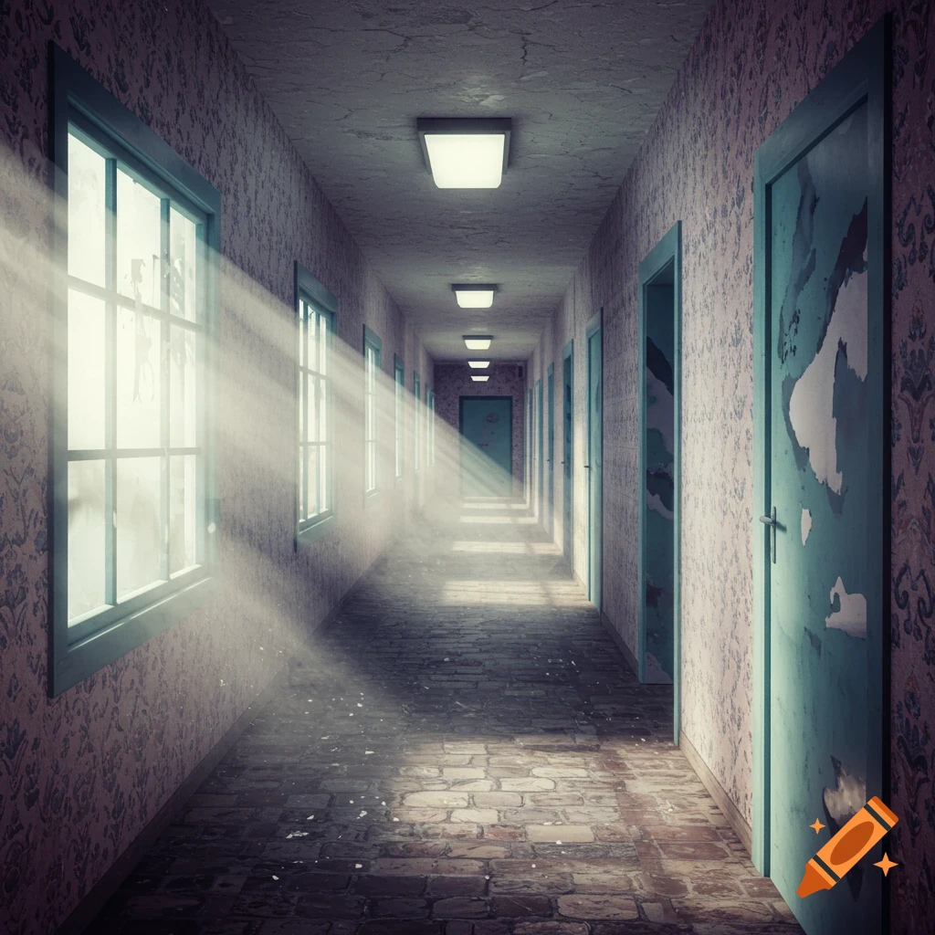 Eerie, long hallway with peeling wallpaper, distressed turquoise doors, and light rays streaming through dirty windows.