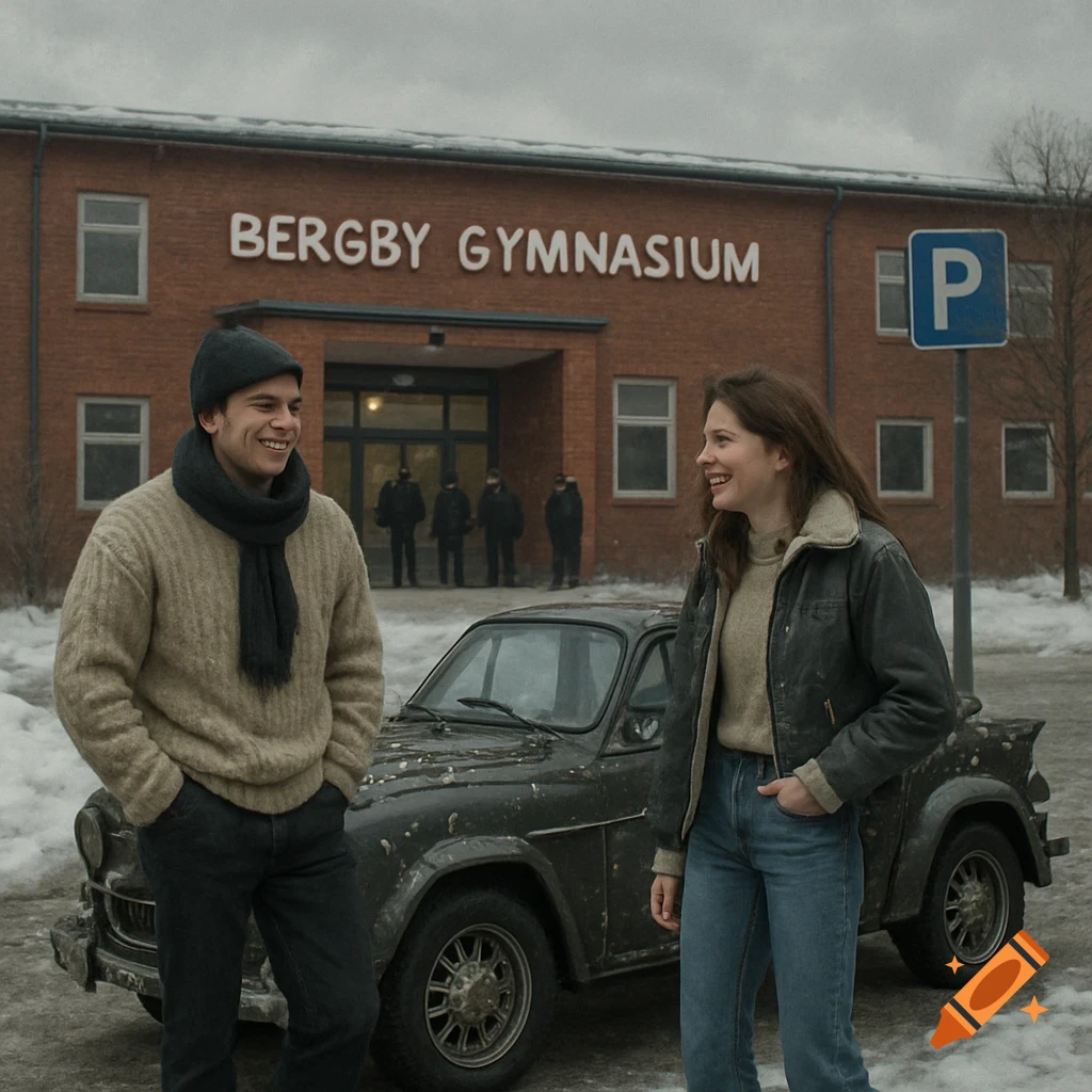 Two smiling young people in winter clothes stand next to an old car outside a brick school building in the snow.