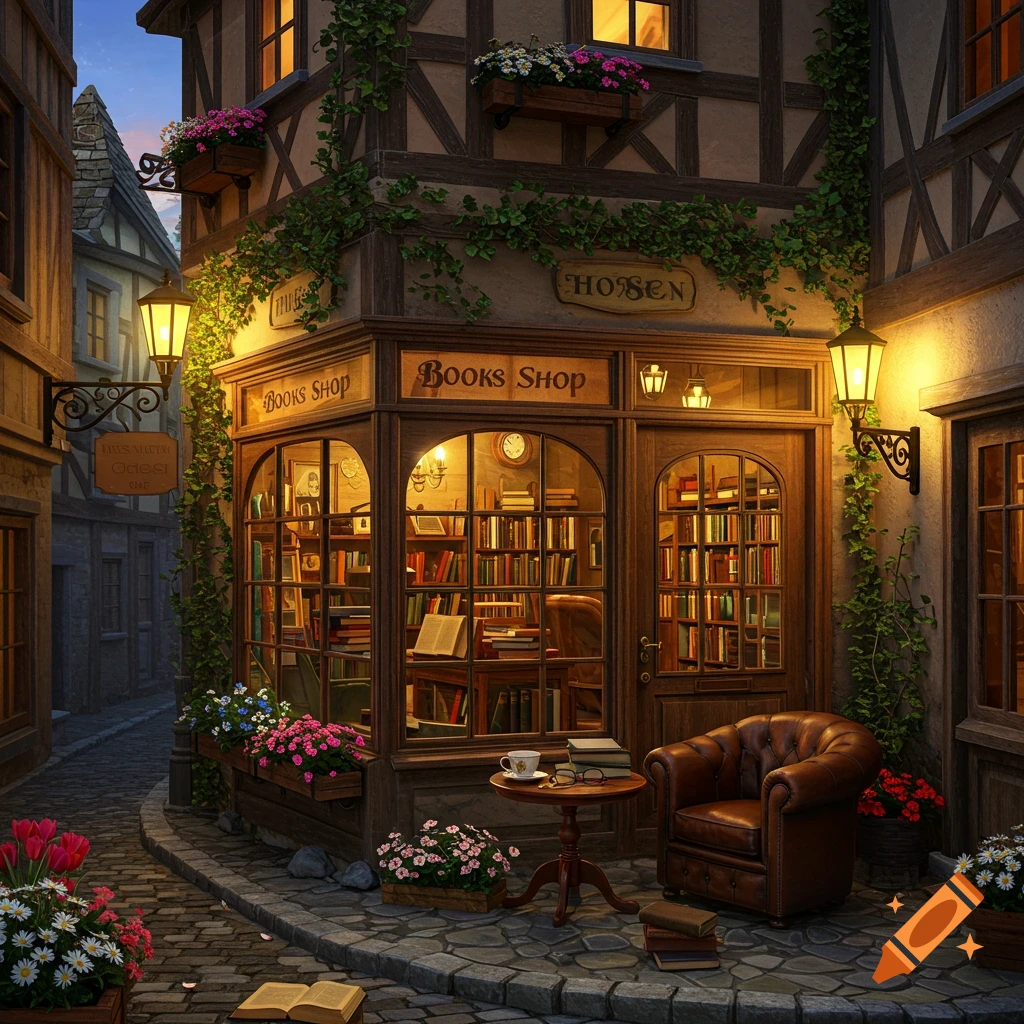 A charming, idyllic bookshop on a cobblestone street at dusk, with glowing windows, flowers, and an armchair outside. Photorealistic style.