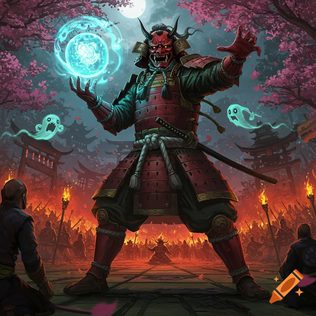 A horned samurai in red armor holds a glowing blue orb, surrounded by ghosts, cherry blossoms, and a fiery army under a full moon.