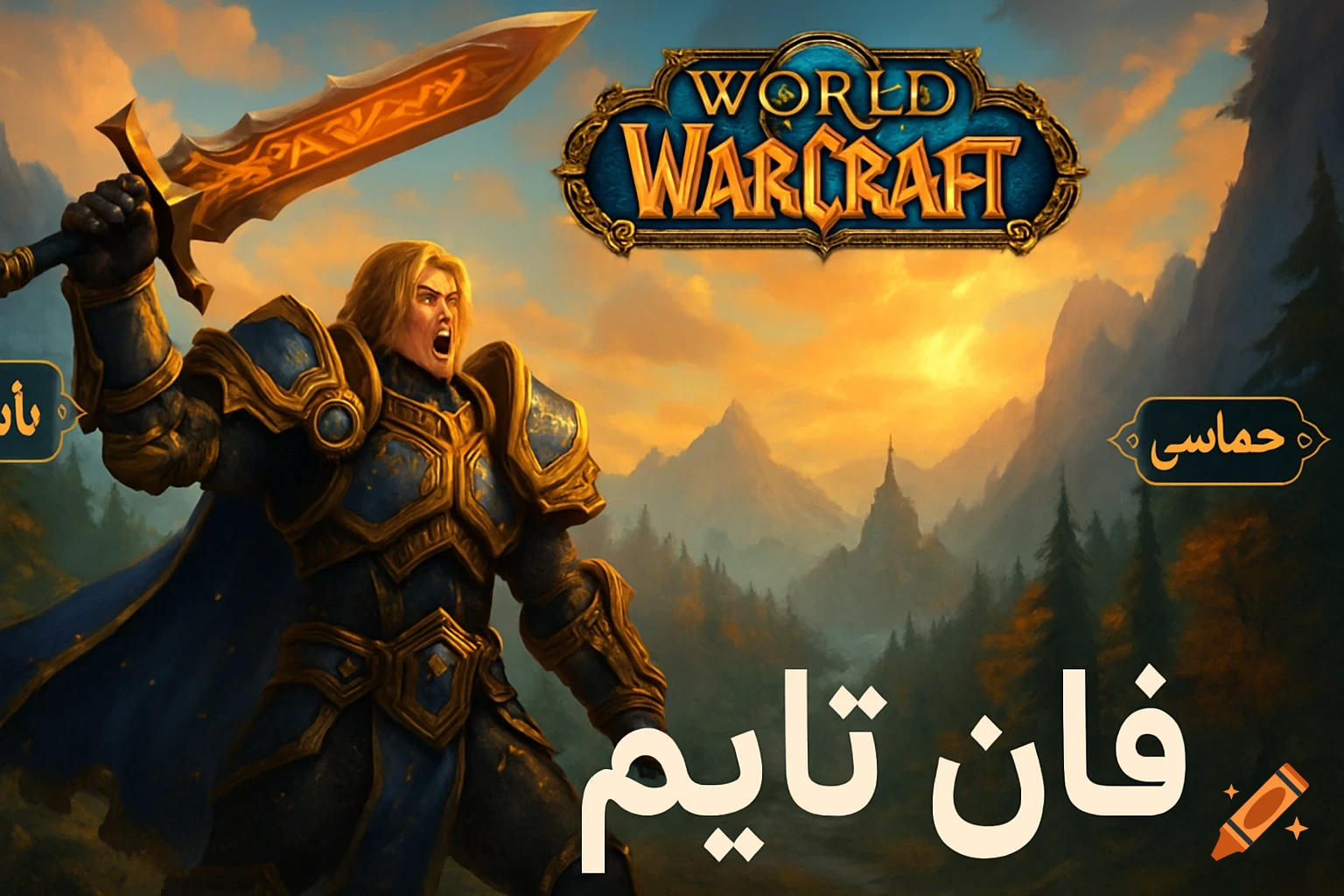 An armored knight with a golden sword raised, standing in front of a majestic mountainous landscape with a World of Warcraft logo and Farsi text on the image.