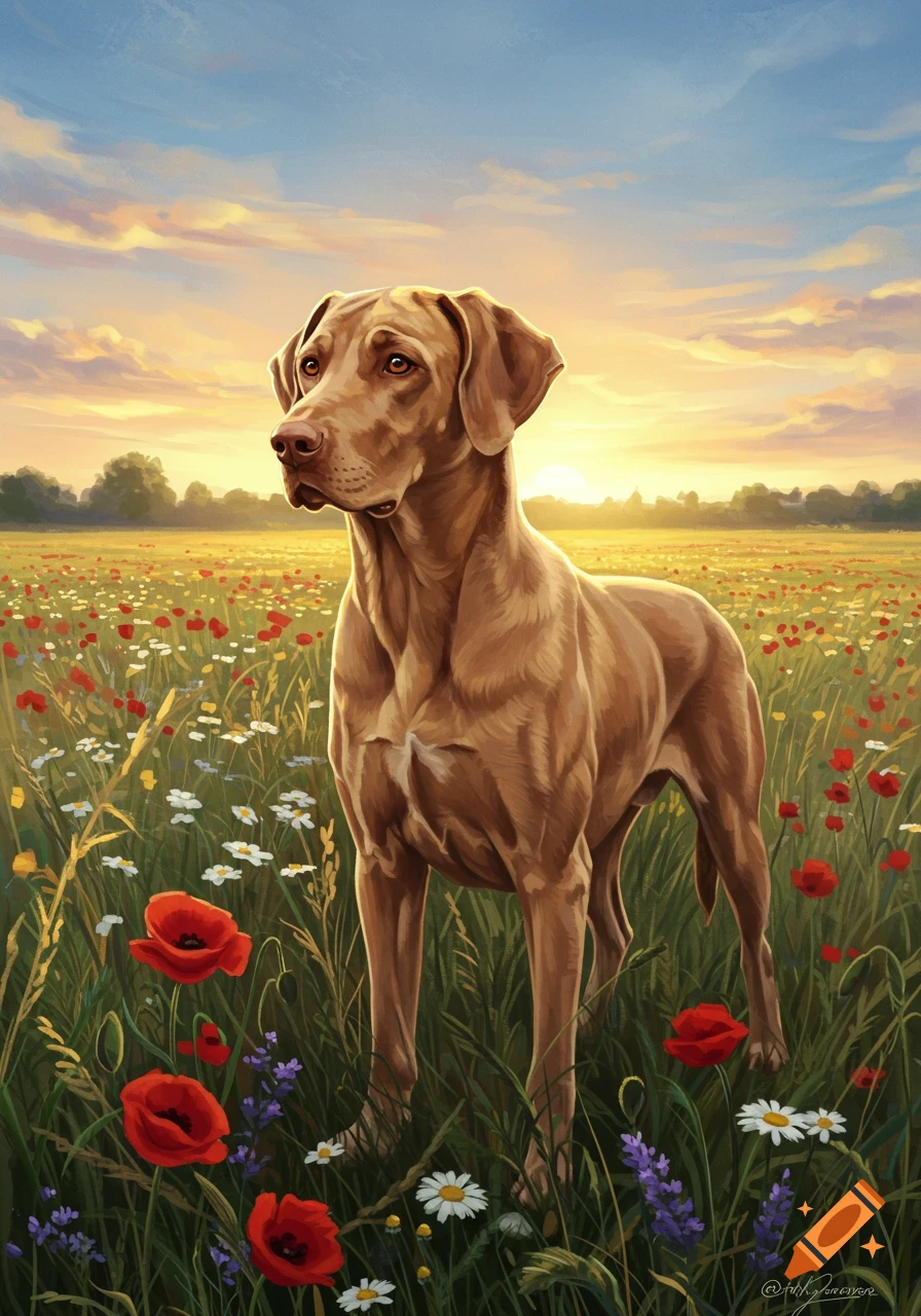 Digital painting of a Vizsla dog standing in a field of red poppies and white daisies at sunset.