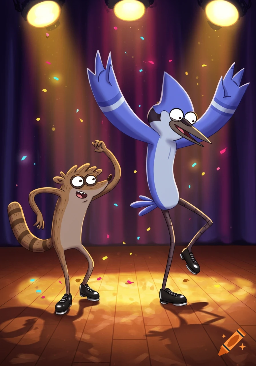 Rigby the raccoon and Mordecai the blue jay tap dancing on a stage under spotlights with falling confetti.
