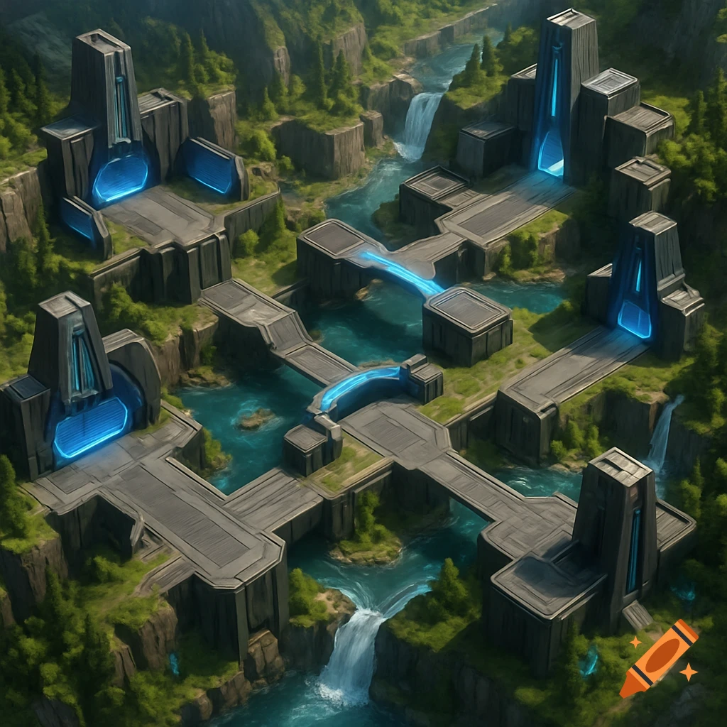 An isometric video game map with futuristic grey structures, glowing blue elements, rivers, waterfalls, and green terrain.