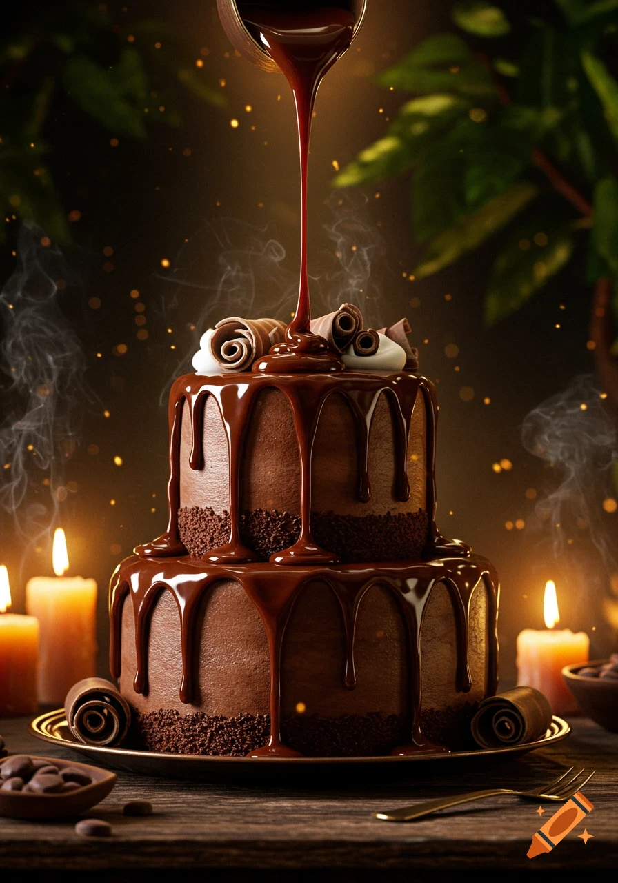 A two-tiered chocolate cake with melting chocolate being poured onto it. Lit candles, chocolate curls, and cocoa beans adorn a dark wooden table.