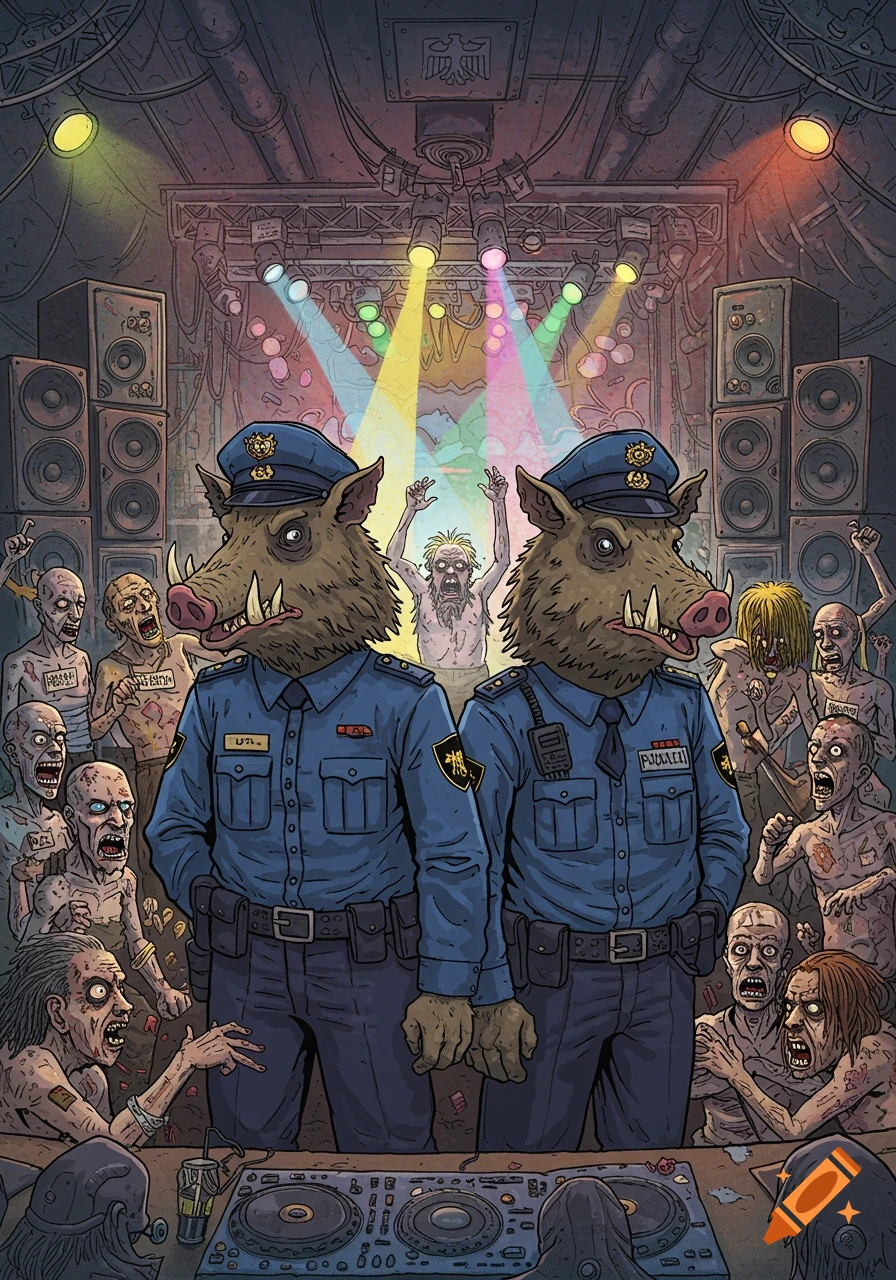 Two pig-headed police officers in blue uniforms stand guard at a dark, neon-lit techno rave party filled with grotesque zombie-like attendees, comic style.