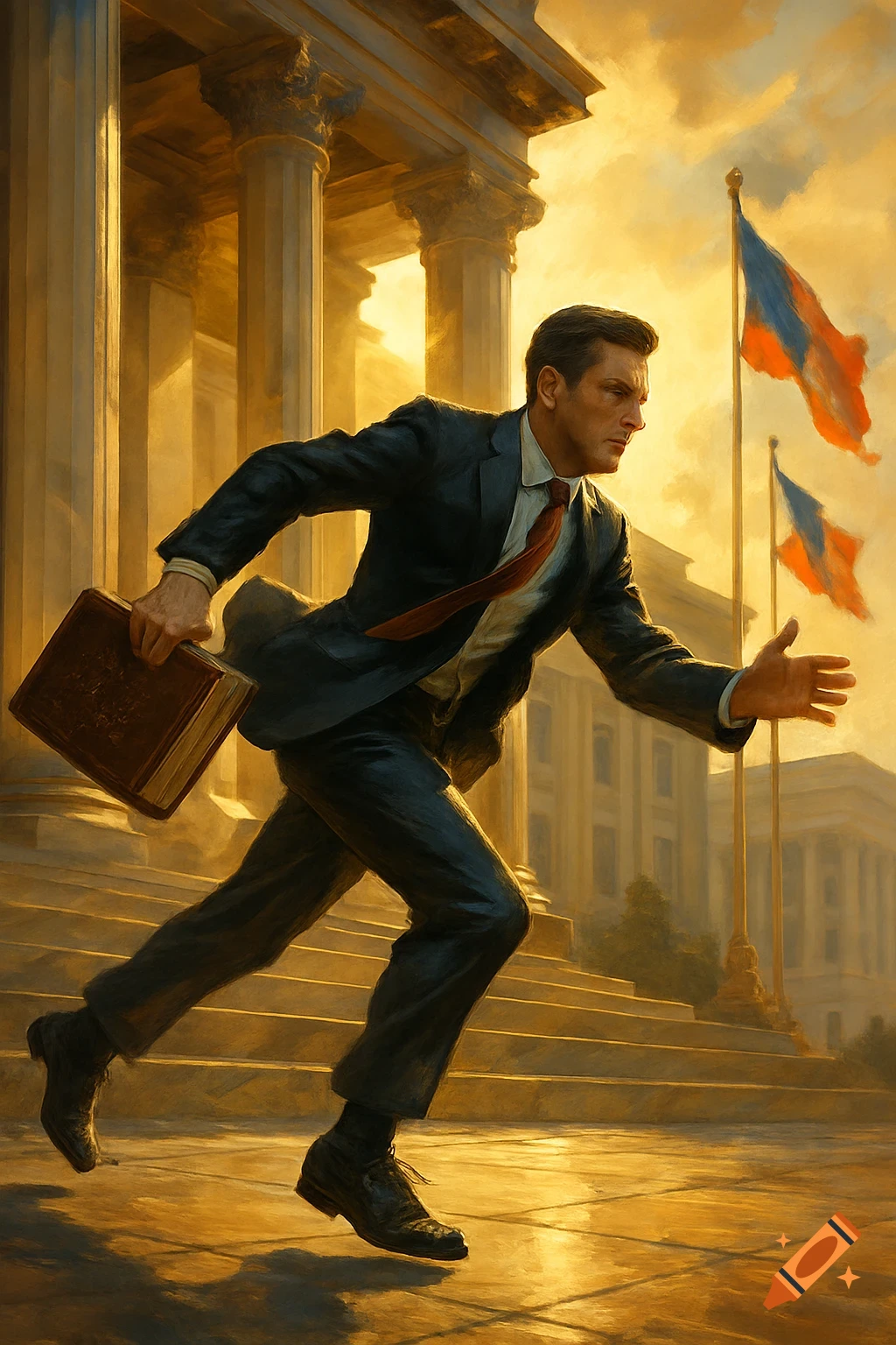 A man in a suit runs purposefully with a book in hand, past a grand classical building with columns and flags, under a dramatic sky.