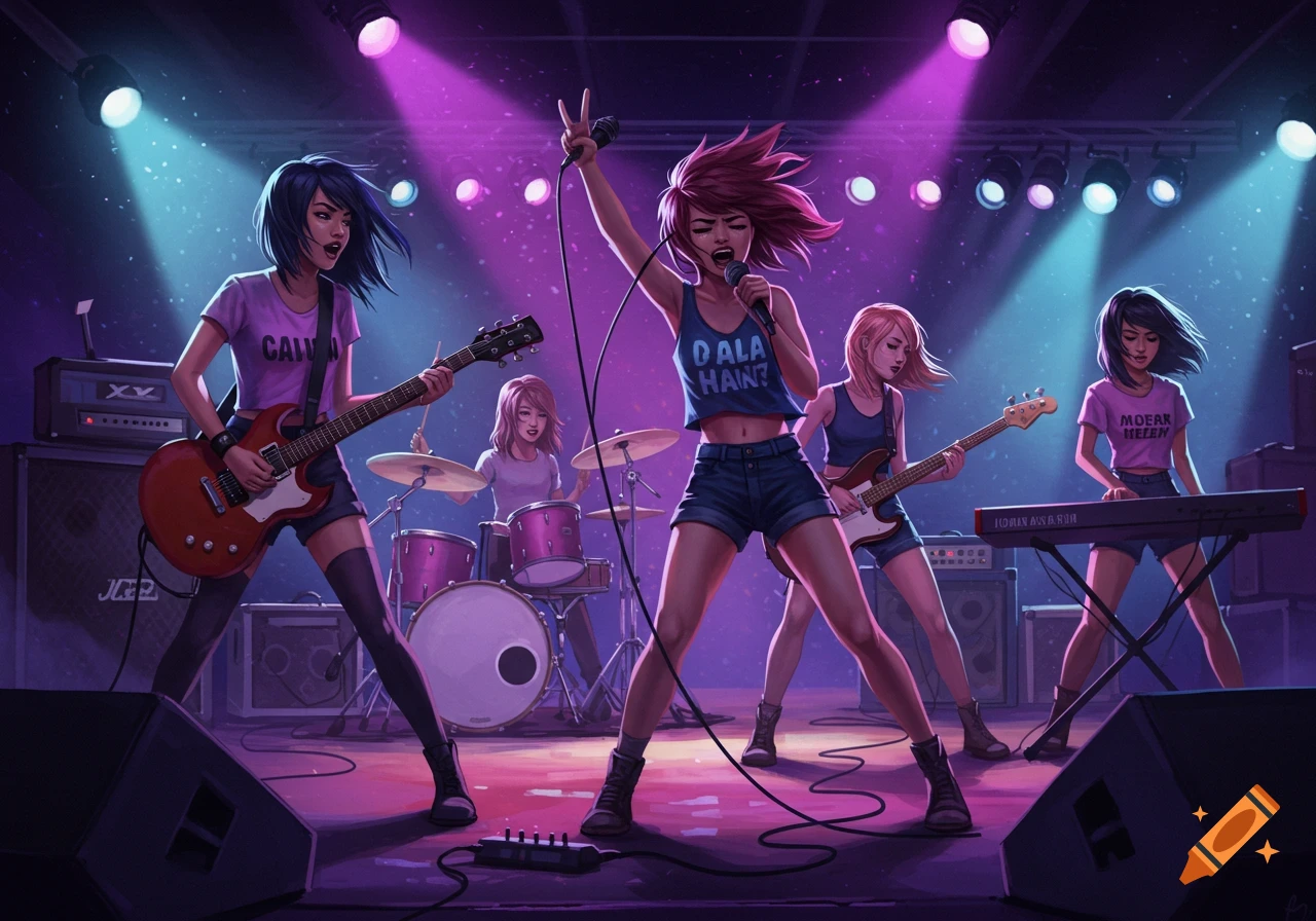 An all-girl rock band performs on stage under vibrant purple and blue spotlights. The vocalist sings into a microphone, surrounded by a guitarist, bassist, drummer, and keyboardist. Digital art style.