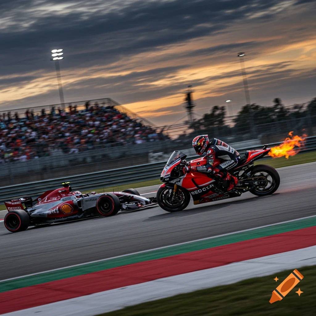 A red MotoGP bike with fire from its exhaust races alongside a red Formula 1 car on a track at sunset, with spectators in the background.