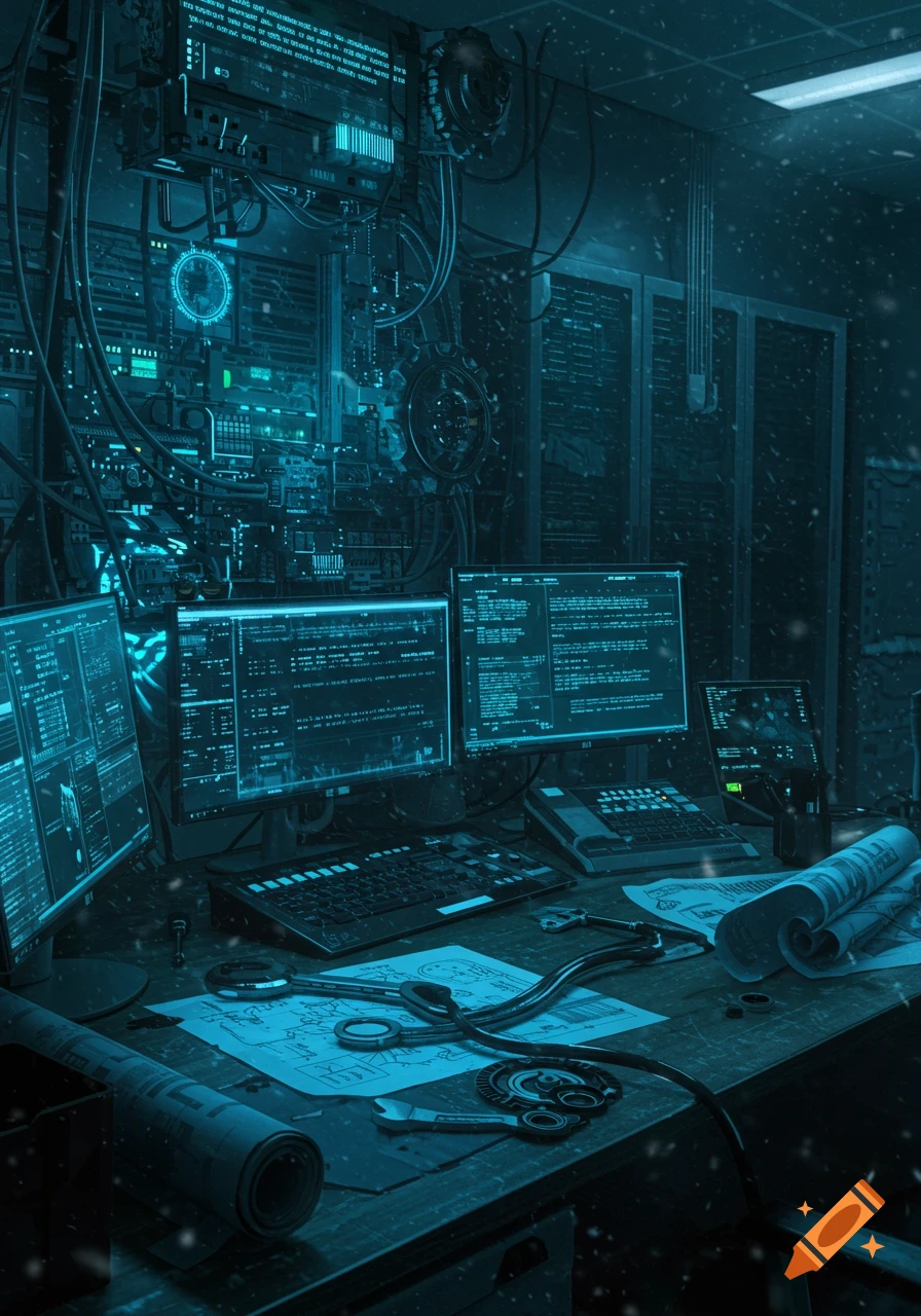 A dark, intricate cyberpunk server room with glowing blue computer screens displaying code, wires, and tools on a desk.