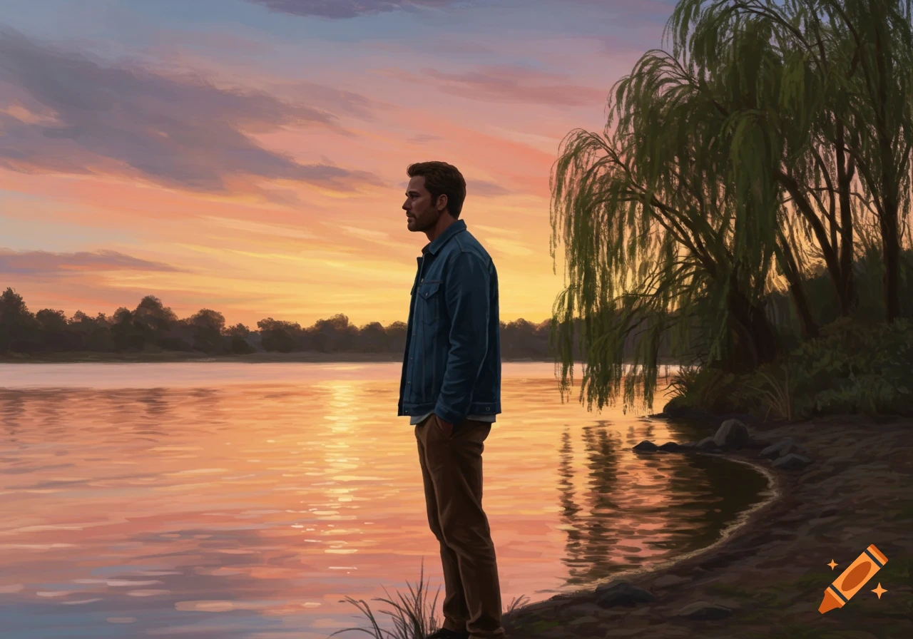 Digital painting of a man standing by a calm lake at sunset, with weeping willow trees on the right and warm reflections on the water.